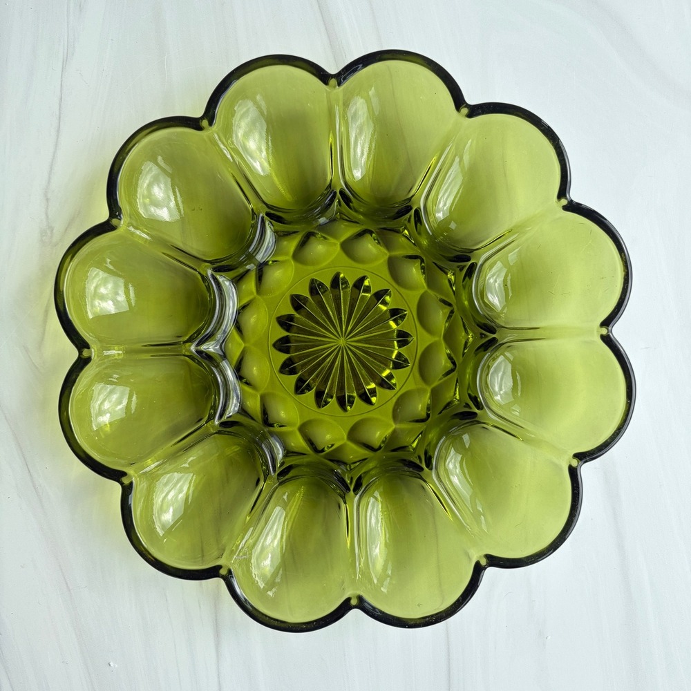 Vintage Avocado Green Glass Scalloped Deviled Egg Serving Platter 9.75 Inch